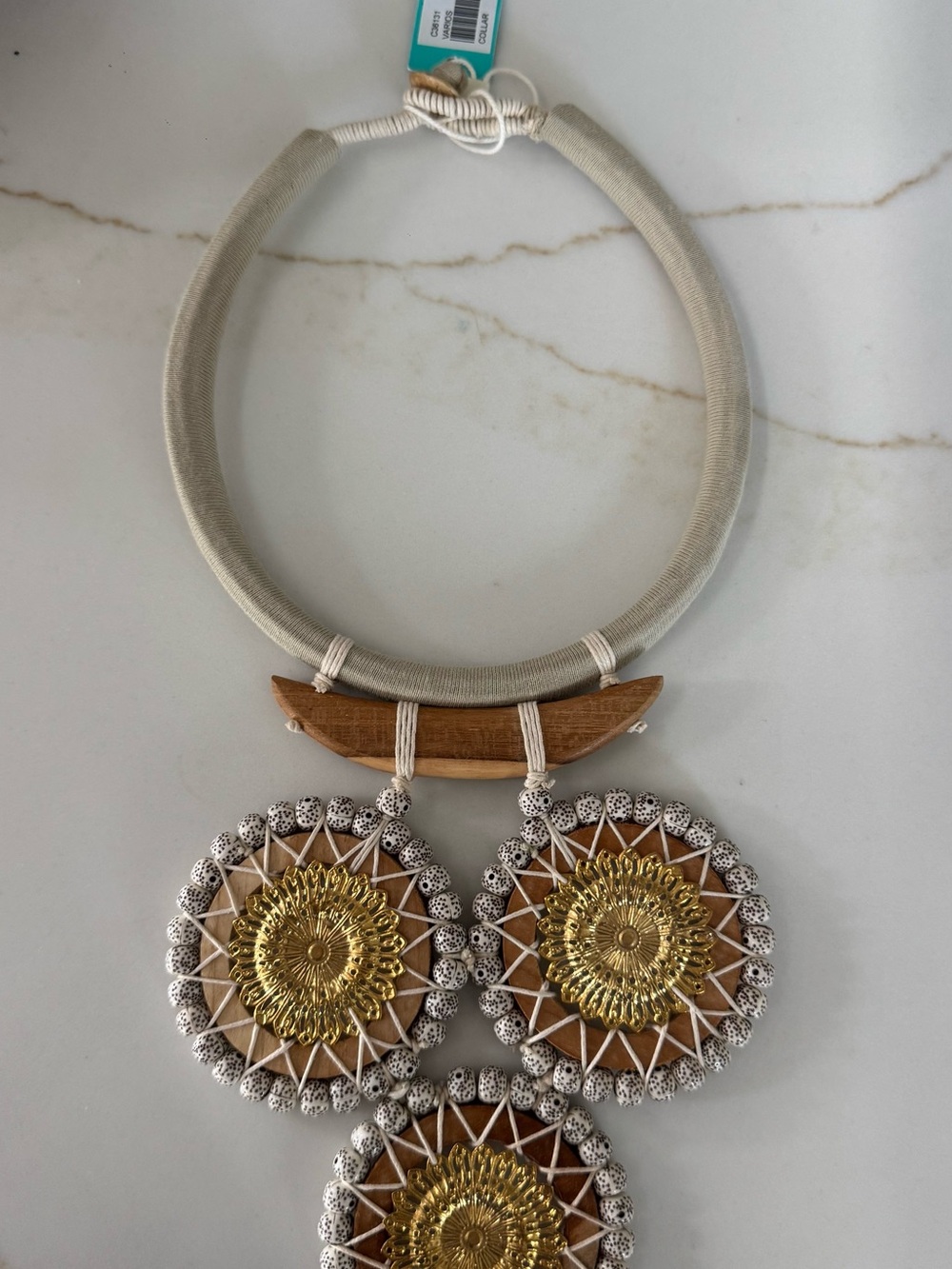 Chico's Beige, Gold & Natural Wood Statement Necklace